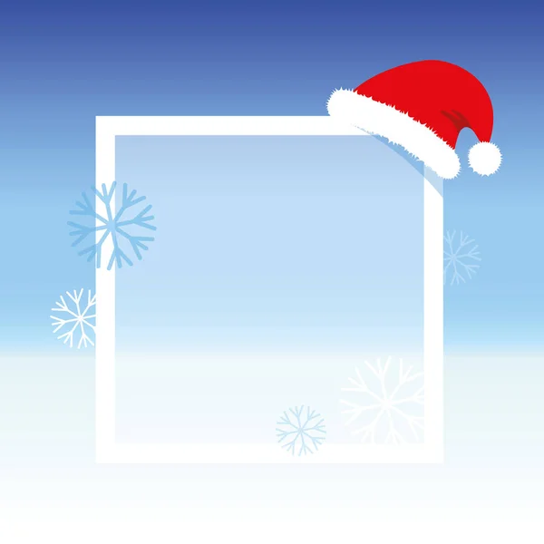 Fundo azul natal com flocos de neve e boné de Natal — Vetor de Stock