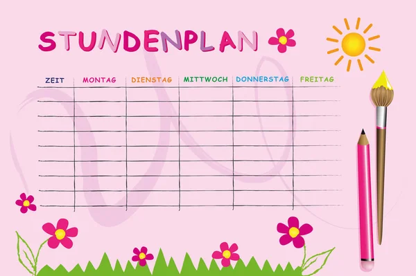 Pink school timetable template with flowers — Stock Vector