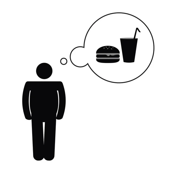 Hombre gordo pensar en pictograma de comida rápida poco saludable — Vector de stock