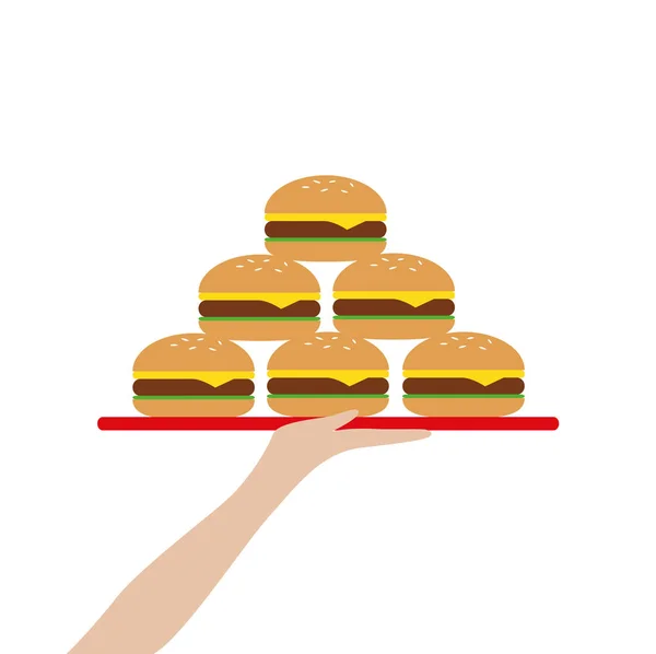 Mano sostiene una tableta con torre de hamburguesa — Vector de stock