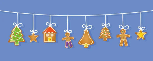 Mézeskalács lógó beállítása csillagos ház ember christmas tree csengő — Stock Vector