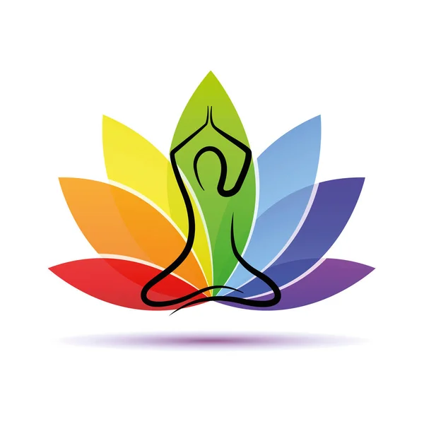 Hand ritning yoga som sitter i en lotus pose regnbågens färger — Stock vektor