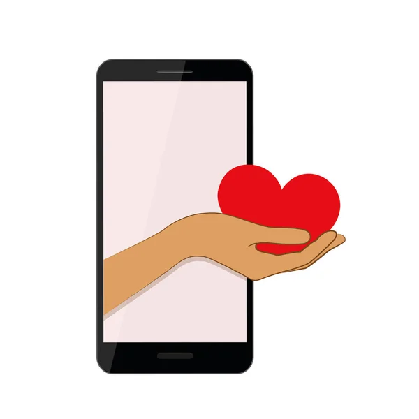 Рука дарит красное сердце со смартфона — стоковый вектор
