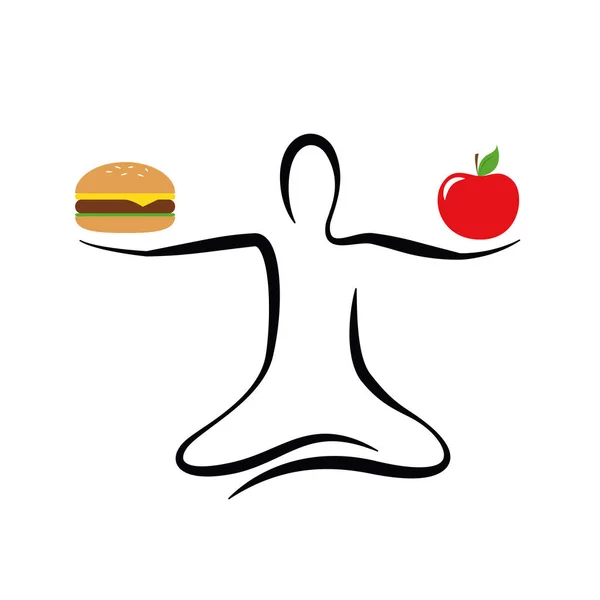 Zdravé jablko a nezdravé rychlého občerstvení jóga pozice — Stockový vektor