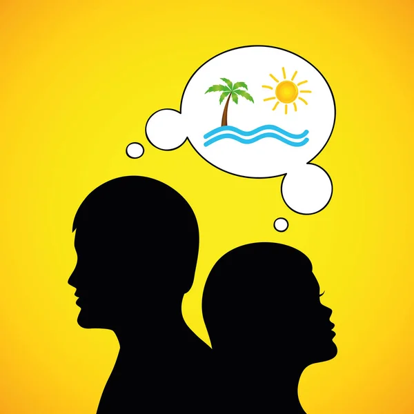 Άνδρας και γυναίκα σιλουέτα σκεφτείτε για καλοκαιρινές διακοπές στην παραλία — Διανυσματικό Αρχείο
