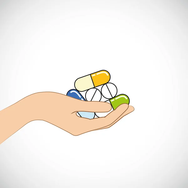 Pilules et capsules bleu mains comprimés analgésiques, antibiotiques, vitamines — Image vectorielle