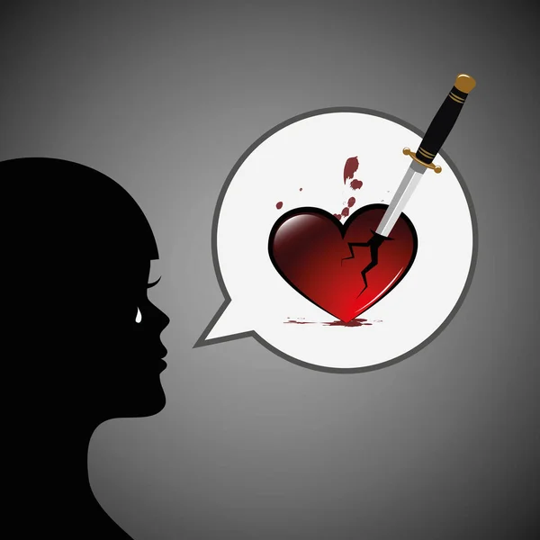 Kadın silueti hakkında kırık kalp kan ve hançer ile konuşmak — Stok Vektör