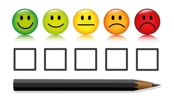 Emoticon smiley rating knoppen en pen geïsoleerd op witte achtergrond — Stockvector