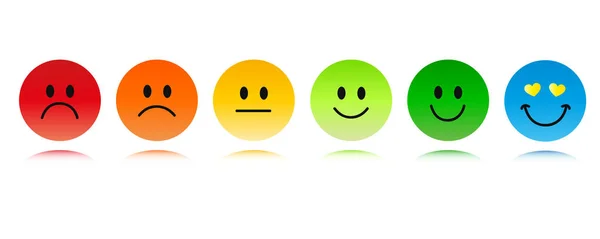 Rating six smiley faces red to green and blue — Stock Vector