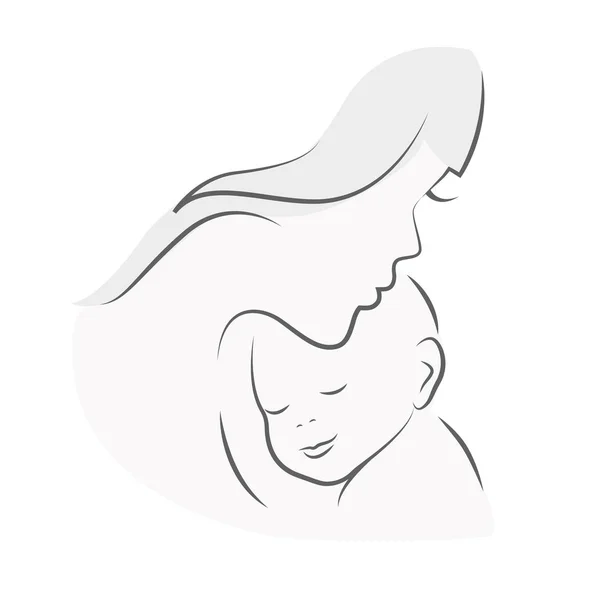 Mother and baby mom hugs her child line drawing — Stock Vector