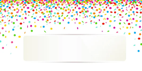 Celebration background with colorful confetti on white background and white banner for copy space — Stock Vector