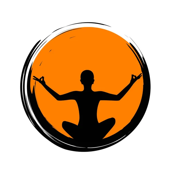 Joven sentado en círculo naranja yoga meditación silueta posición loto — Vector de stock