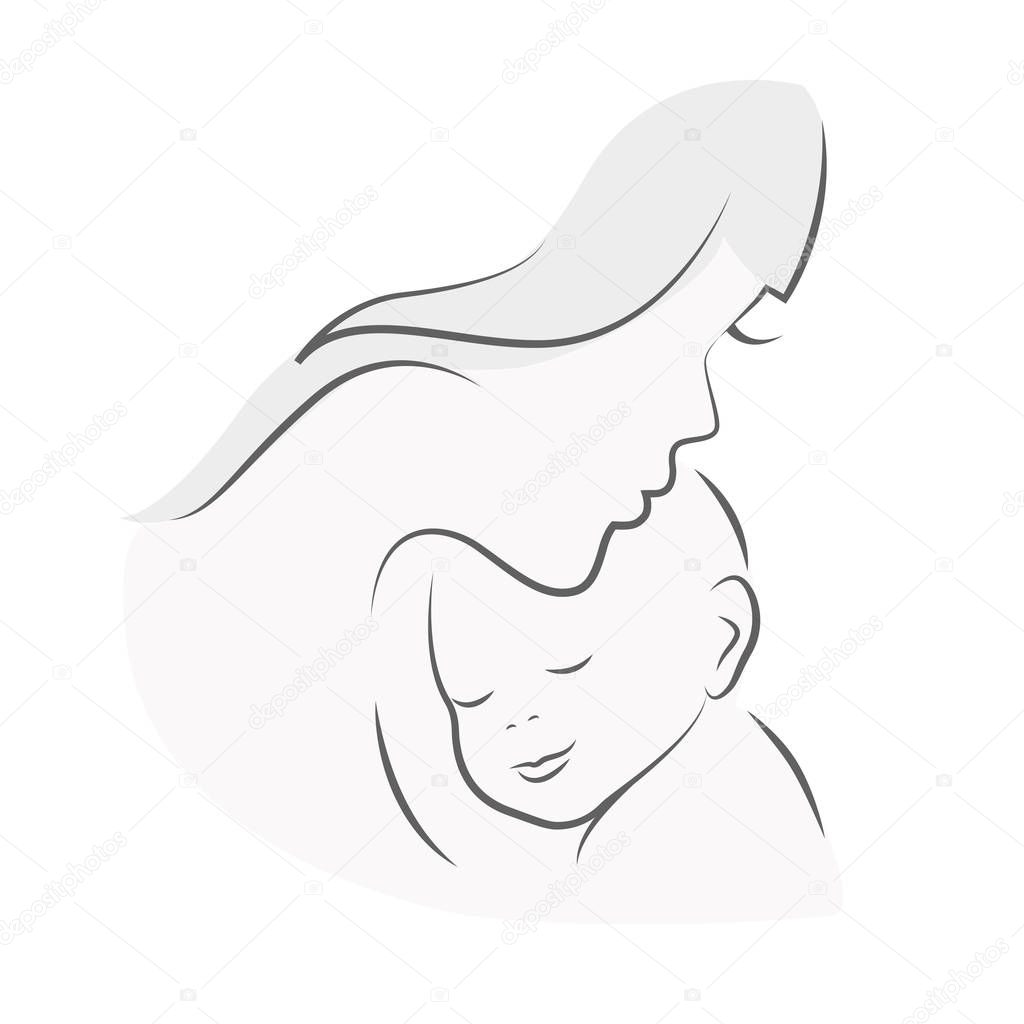 mother and baby mom hugs her child line drawing