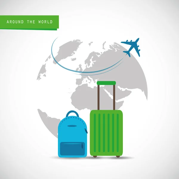 Avión que vuela alrededor del mundo con la maleta azul y verde — Vector de stock