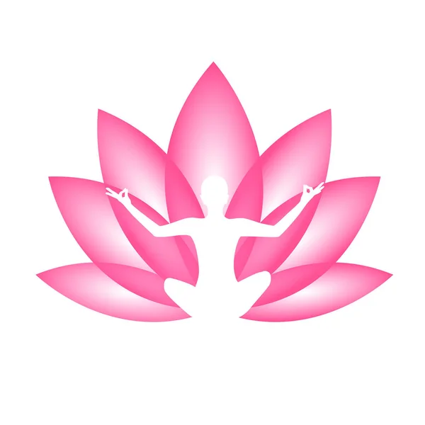 Fiatal személy, ül a jóga meditáció lótusz helyzet sziluettje a rózsaszín liliom — Stock Vector