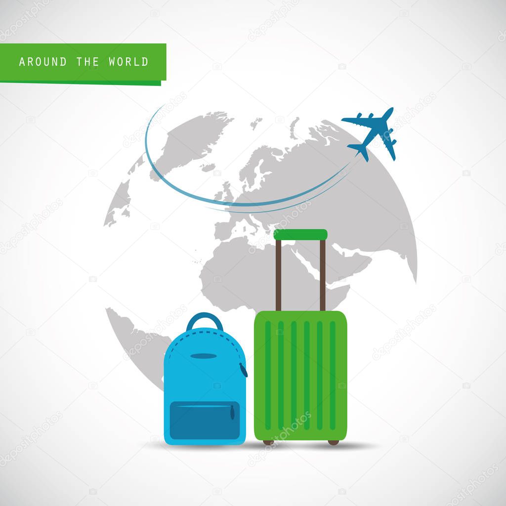 plane flying around the globe with blue and green suitcase
