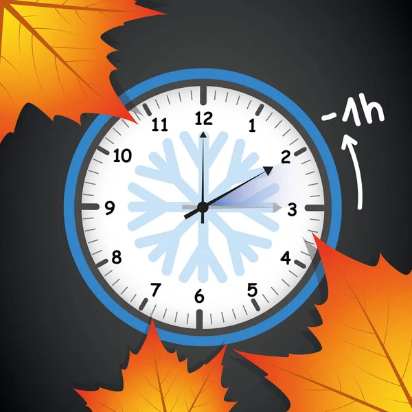 Passare al concetto di tempo invernale per l'ora legale con foglie autunnali su sfondo nero — Vettoriale Stock