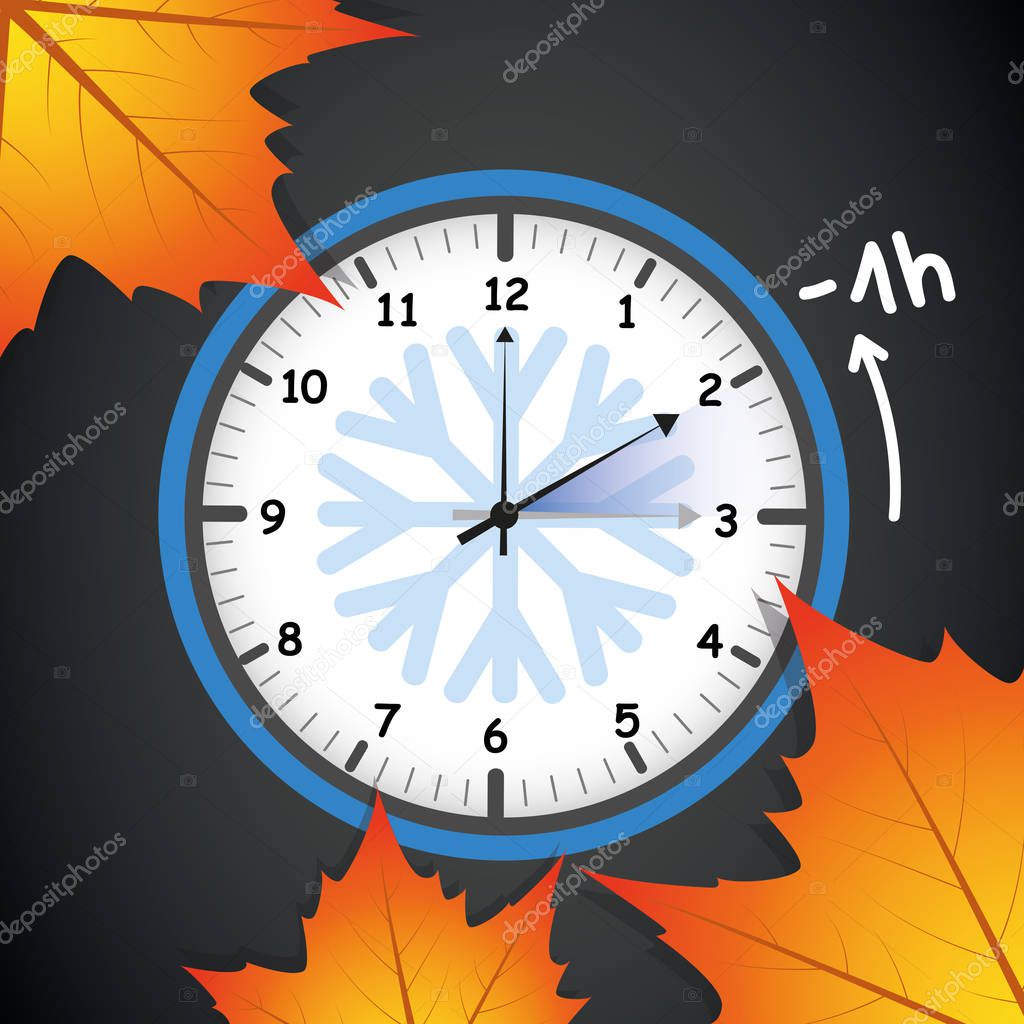 switch to winter time concept for daylight saving with autumn leaves on black background