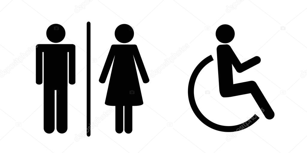 set of WC icons isolated on a white background male female and handicapped person toilet sign pictogram