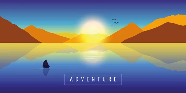 Aventura outono paisagem fundo com veleiro solitário em um mar calmo e vista para a montanha no pôr do sol colorido —  Vetores de Stock