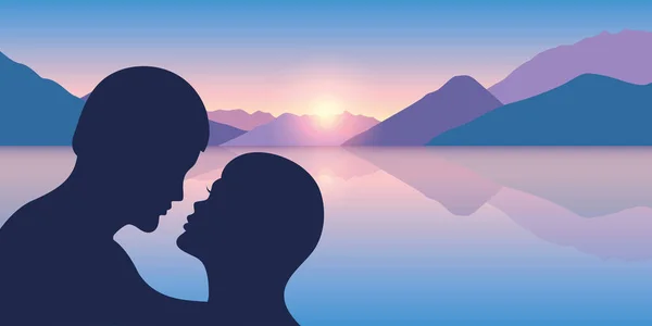 美しい山の景色、日の出の海でロマンチックなキスのシルエット — ストックベクタ