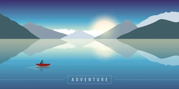 Пригоди в природі катання на каное на спокійному морі з видом на гори — стоковий вектор