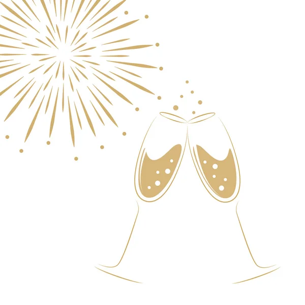 Deux verres à champagne et feux d'artifice sur fond blanc — Image vectorielle