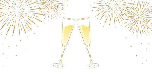 Beyaz arka plan mutlu yeni yıl tebrik kartı havai fişek ve iki şampanya bardağı — Stok Vektör