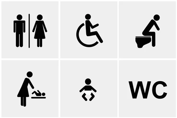 Σετ Wc εικονίδια φύλο αρσενικό θηλυκό μωρό αλλαγή ανάπηρο τουαλέτα απομονώνονται σε λευκό φόντο εικονόγραμμα — Διανυσματικό Αρχείο