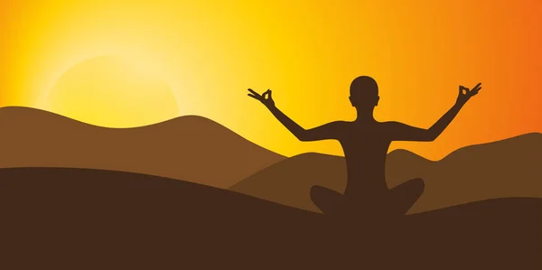 Meditation yoga on high mountain in sunset background — Stock Vector