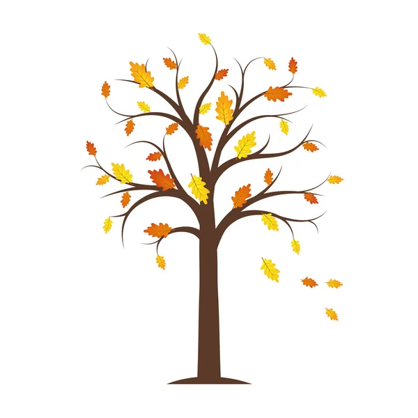 Осеннее дерево с желтыми и оранжевыми опавшими листьями на белом фоне — стоковый вектор