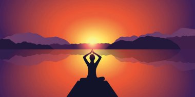 Yoga göl ve dağların arka plan gün batımında siluet huzurlu
