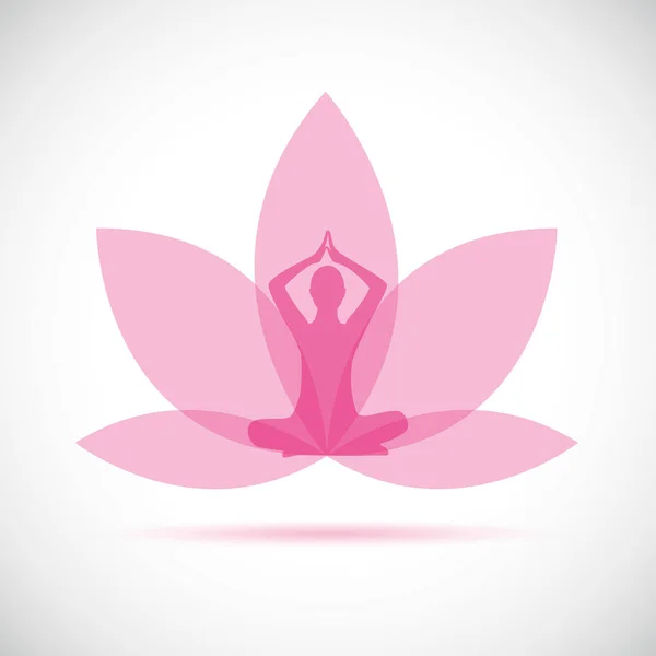 Ung person sitter i yoga meditation lotusställning siluett med rosa Lilja — Stock vektor