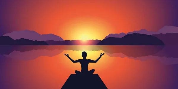 Silueta de meditación pacífica puesta de sol en el lago y las montañas de fondo — Vector de stock