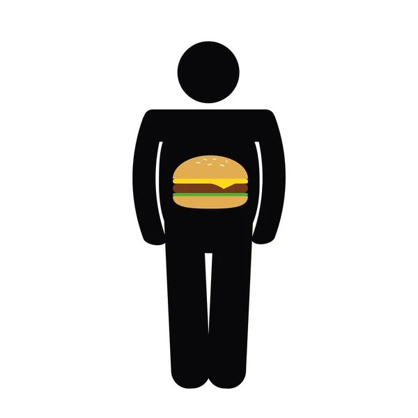 Kövér ember van egy egészségtelen gyorsétterem burger a hasa piktogram — Stock Vector