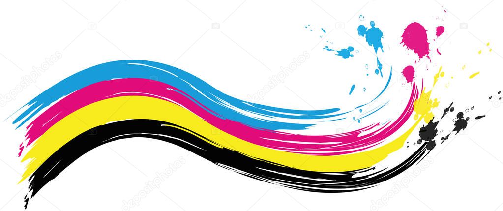 illustration of cmyk printing color wave with splashes of color