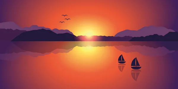 Два парусника на озере на романтическом закате — стоковый вектор