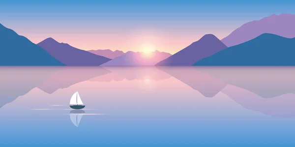 Einsames Segelboot auf ruhiger See mit herrlichem Blick auf die Berge — Stockvektor