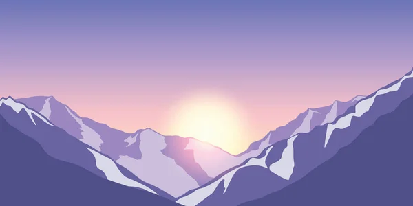 Χιονισμένα βουνά στην ιώδη χρώματα στο ηλιοβασίλεμα χειμερινό τοπίο φόντου — Διανυσματικό Αρχείο