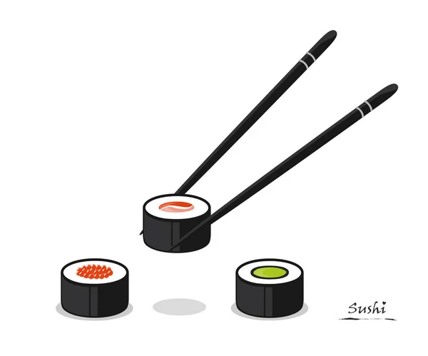 Sushi colorido diferentes tipos con palillos aislados sobre un fondo blanco — Archivo Imágenes Vectoriales