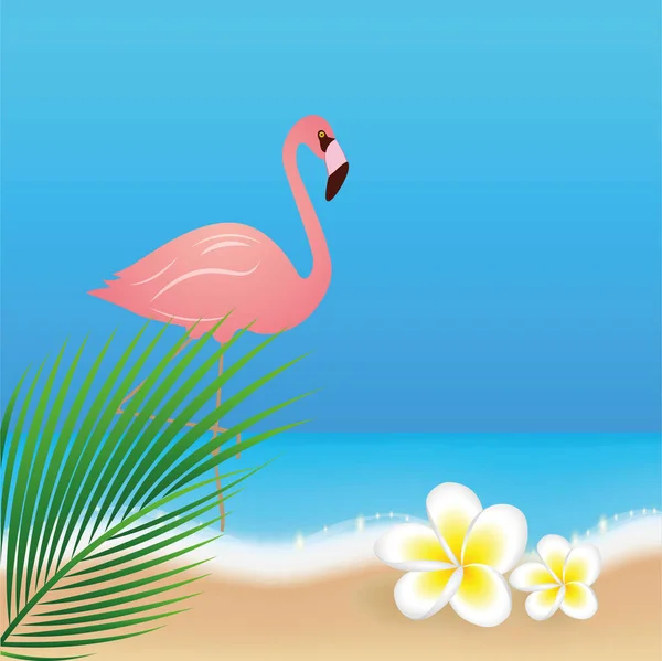 Розовый тропический фламинго на пляже с белыми цветами франджипани — стоковый вектор