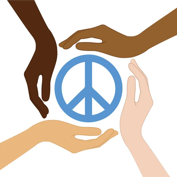 Peace symbol in the middle of human hands different skin colors — Stock Vector