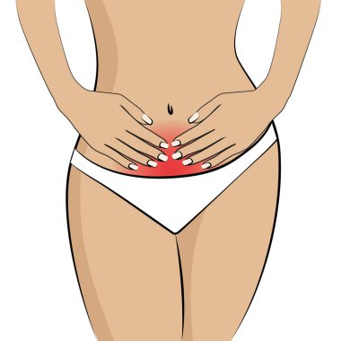 Beyaz arka plan üzerinde izole karın ağrıları olan kadın