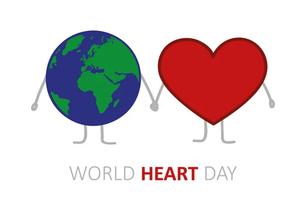 Mundo corazón día tierra y corazón tomados de la mano dibujos animados — Vector de stock