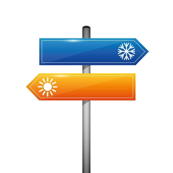 Señal de tráfico con copo de nieve y sol sobre fondo blanco — Vector de stock