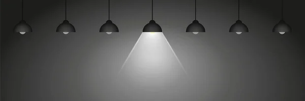 Uma lâmpada pendurada brilha entre muitos outros — Vetor de Stock