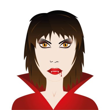 vampir kadın kırmızı pelerin ve kanlı ağız ile