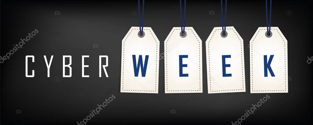 cyber week sale promotion white tags on black background