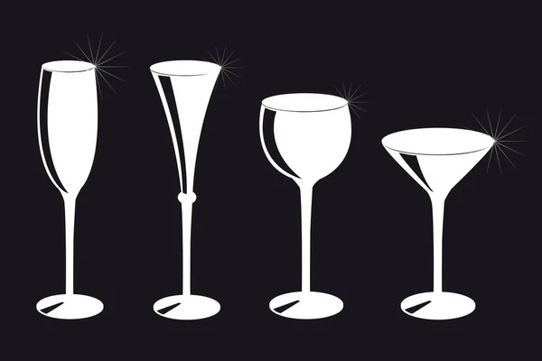 Ensemble de différentes silhouette de verres à boire sur fond noir — Image vectorielle