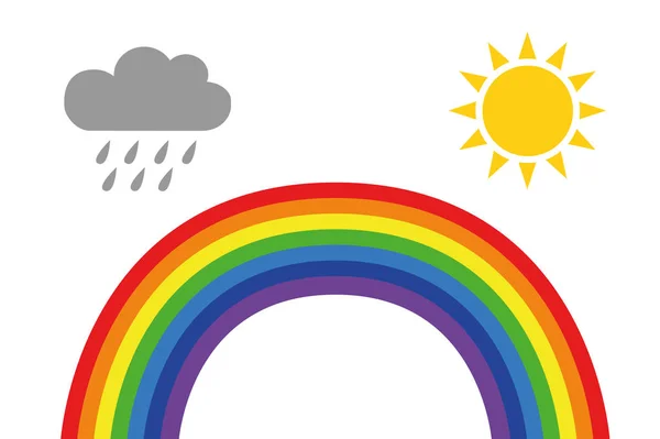Pictogram van het weer van de regenboog met regen wolken en zon geïsoleerd op witte achtergrond — Stockvector